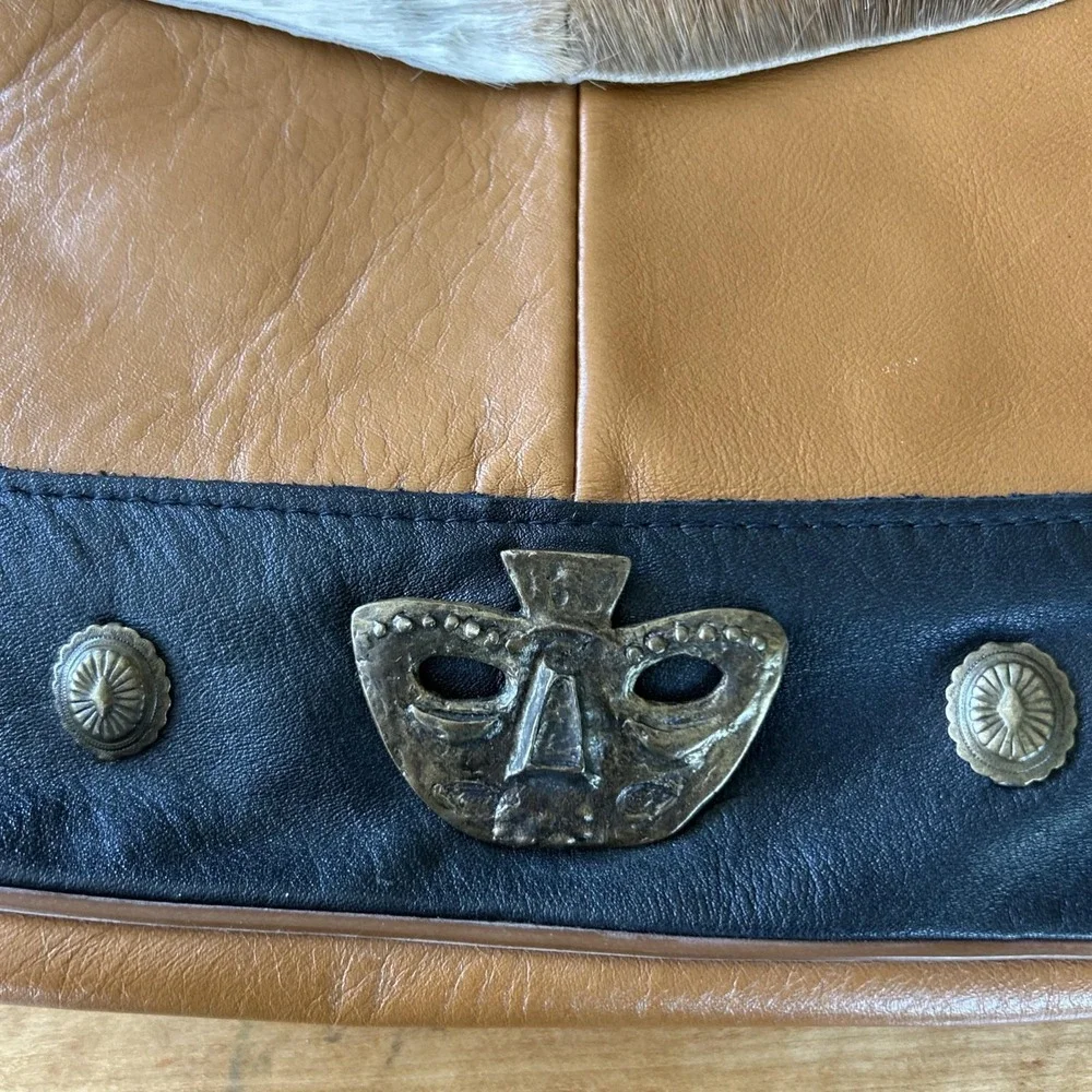 Vintage Artisan Leather Handbag Deerskin Trim Brass Inca Masks Tribal Boho Style